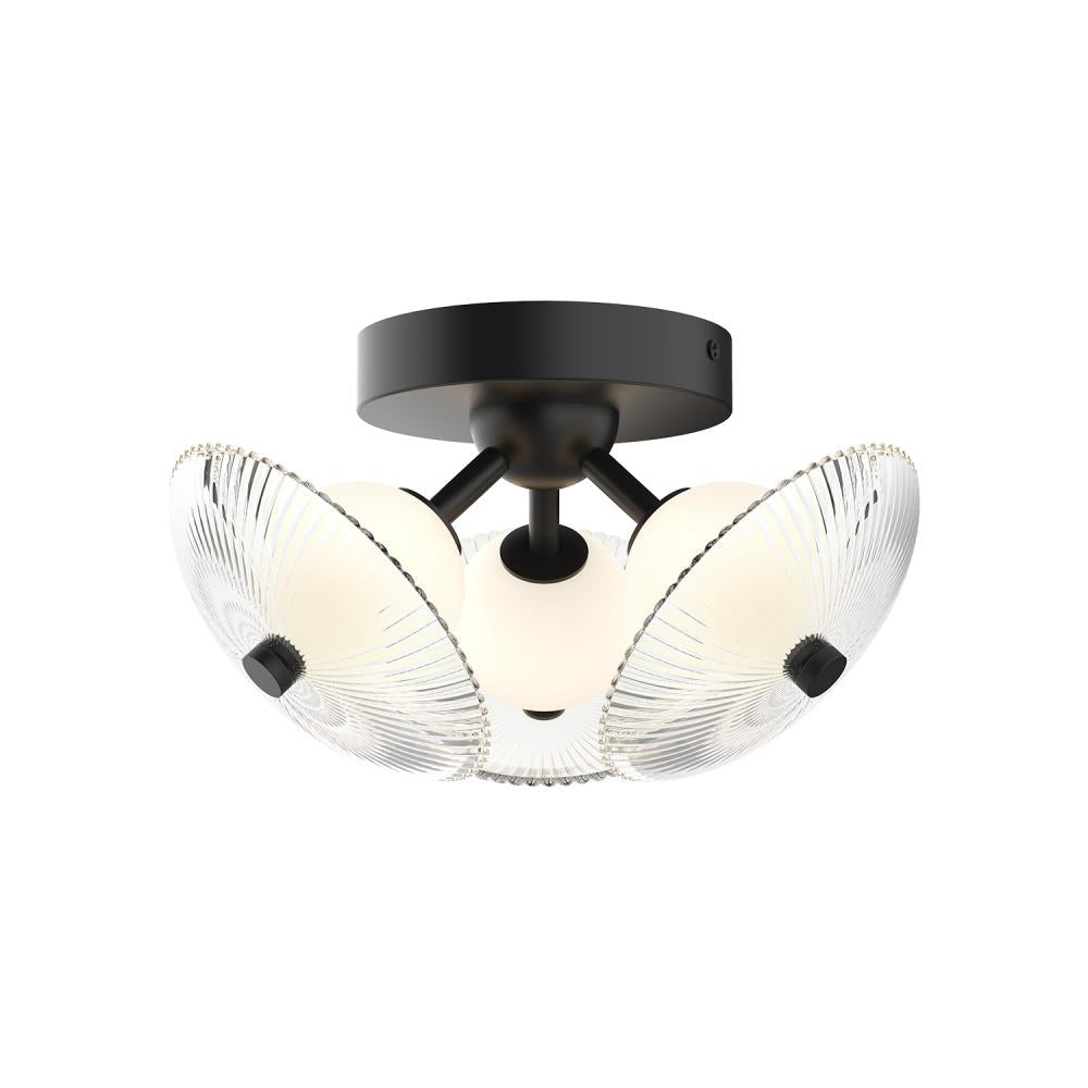 Alora Mood Hera FM417604MBCR Flush Mount Fixture, UL Damp Rated, Matte Black/Clear Ribbed Glass