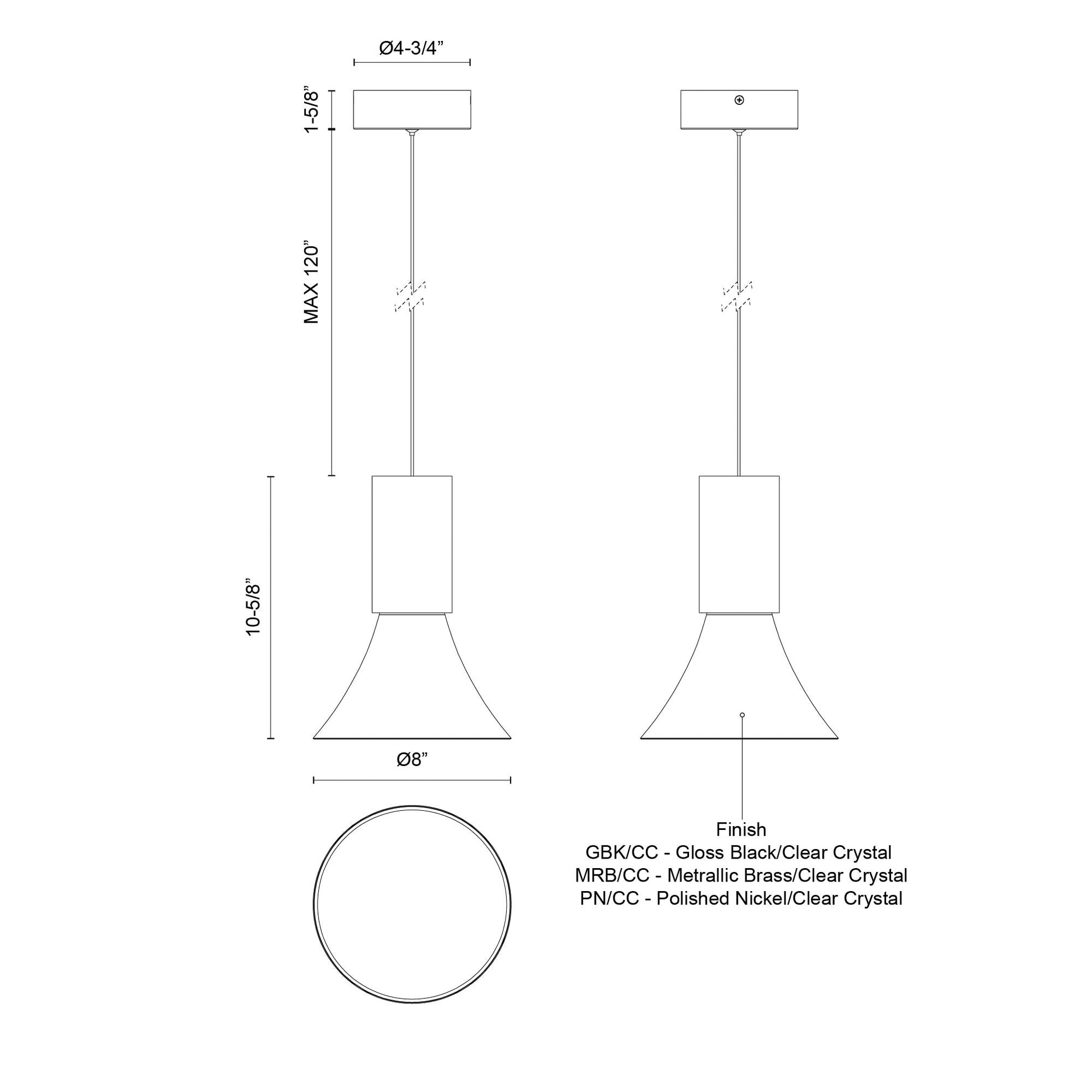 Kuzco Lighting PD94108-PN/CC-UNV Pendant, 8-in, Polished Nickel/Clear Crystal