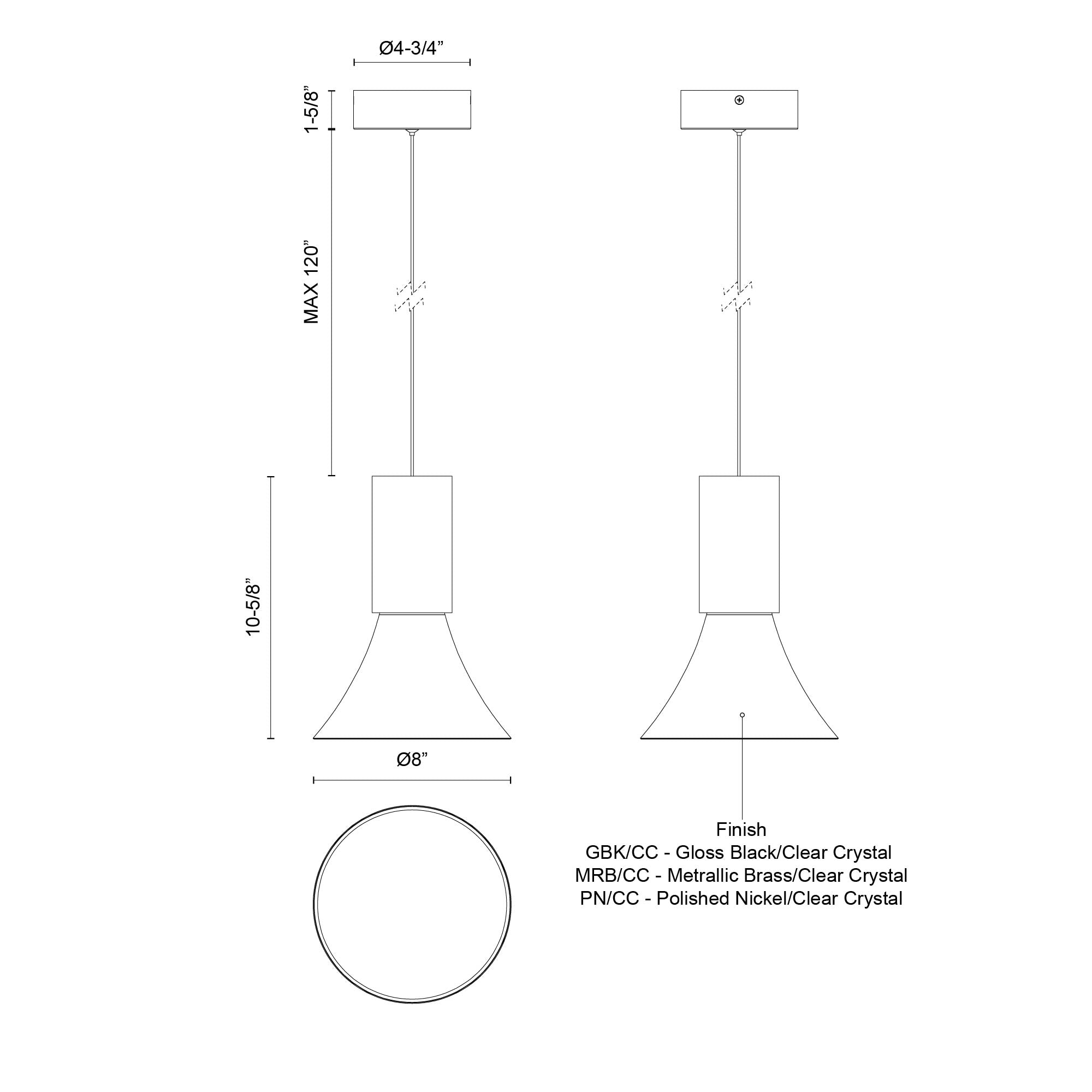 Kuzco Lighting PD94108-PN/CC-UNV Pendant, 8-in, Polished Nickel/Clear Crystal