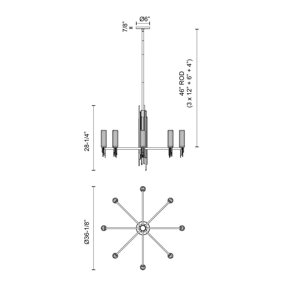 ALORA Lighting CH335836PNCR Torres 36-in Chandeliers, 8 Lights, Polished Nickel/Ribbed Glass