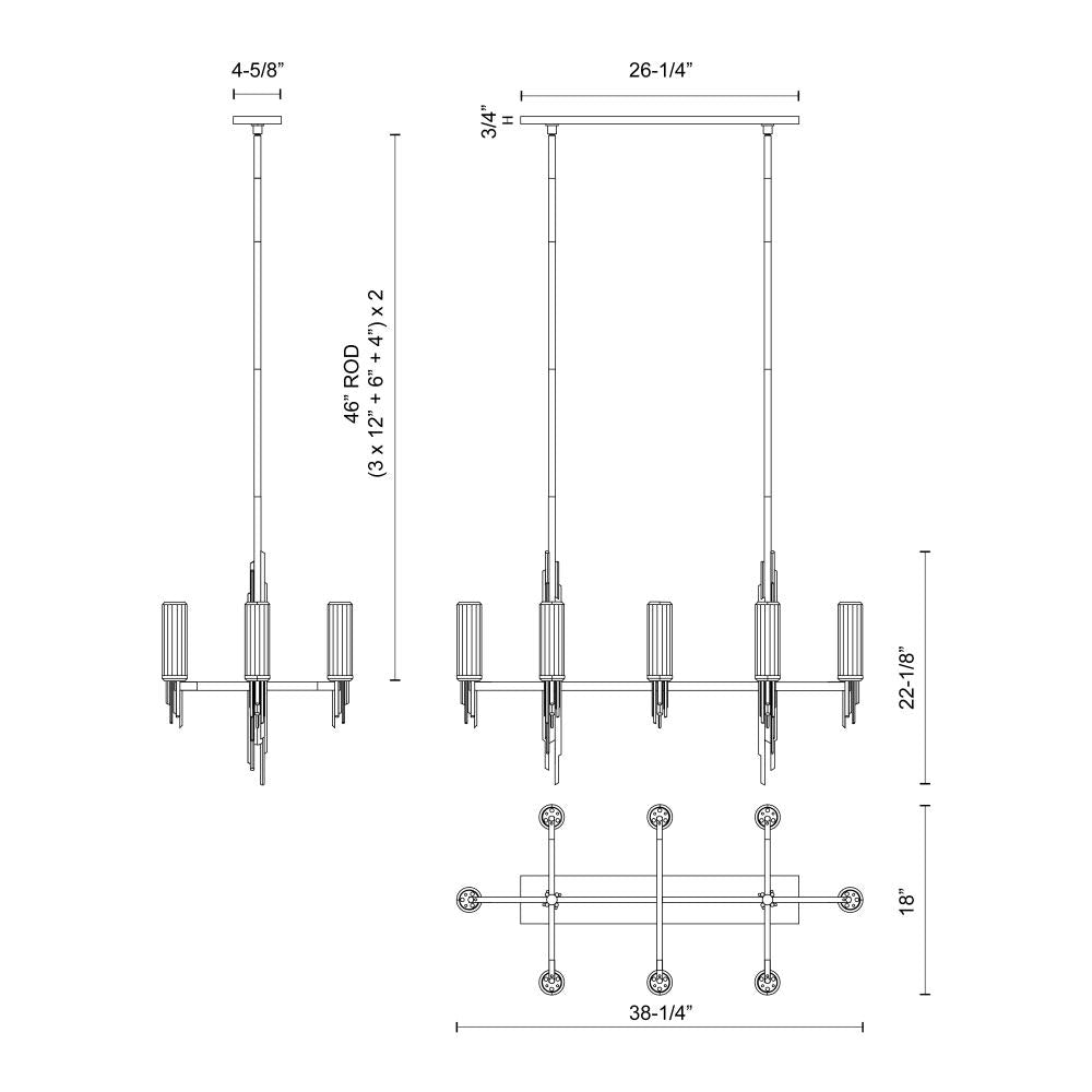 ALORA Lighting LP335838VBCR Linear Pendant, Ribbed Glass/Vintage Brass